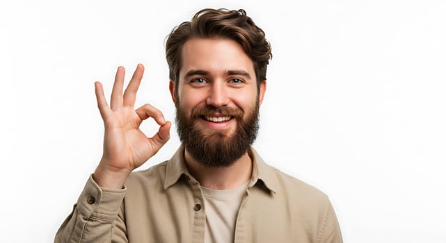A man with a beard and a white shirt is making an ok sign photo