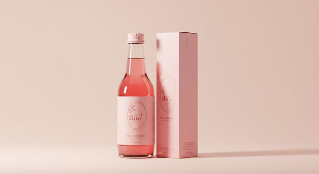 A bottle of pink wine next to a box photo