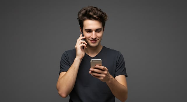 A man is holding a cell phone and smiling photo
