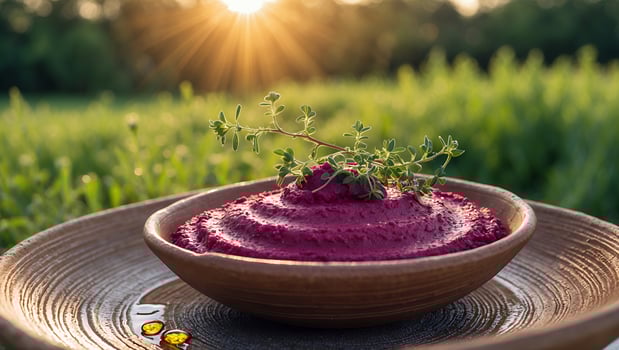Serving Beetroot Hummus with Thyme in Outdoor Setting During Sunset photo