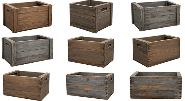 A set of six wooden crates with different sizes photo