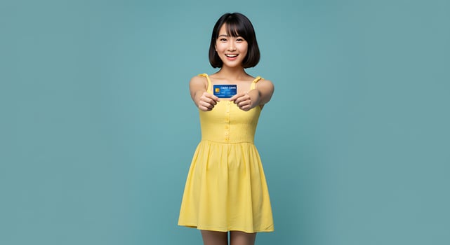 Asian woman in yellow dress holding up a credit card photo