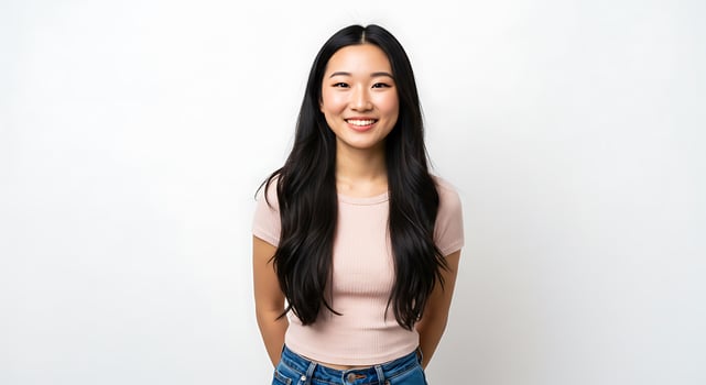 A young woman with long black hair and a pink shirt photo