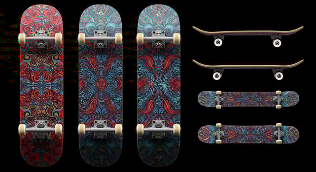 A group of skateboards with different designs photo