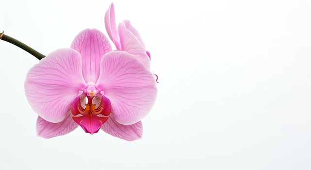 A single pink orchid is shown against a white background photo