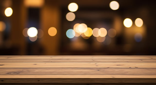 Empty wooden table top over blurred bokeh lights photo