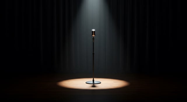 A microphone stands in front of a spotlight photo