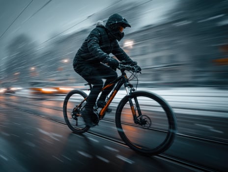 Cyclist dressed in dark clothing rides a mountain bike swiftly through a wet, snowy urban street. Motion blur emphasizes speed and dynamic movement during a winter day photo