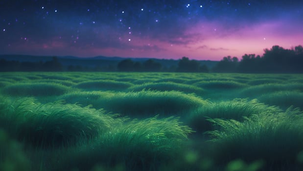 Green Field Glowing Under Night Sky with Stars and Purple Hues photo
