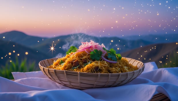 Steaming Plate of Rice Dish Topped with Herbs Overlooking Mountains photo