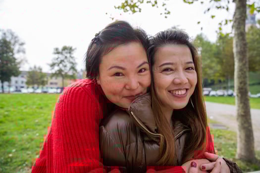 Portrait of two attractive and cute chinese women smiling at the camera photo