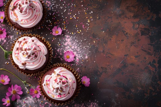 Three cupcakes with pink frosting and flowers are on a table photo