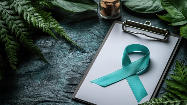 World ovarian cancer day awareness concept with teal ribbon on clipboard surrounded by green leaves and fern on dark textured surface photo