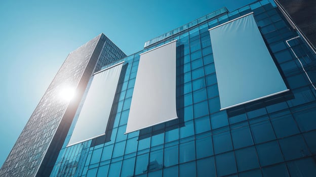 Blank advertising banners hanging on modern glass building facade with sunlight shining in clear sky photo
