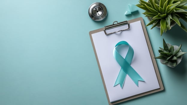 Teal ribbon on clipboard with stethoscope and plants symbolizes ovarian cancer awareness for world ovarian cancer day with hope and care photo