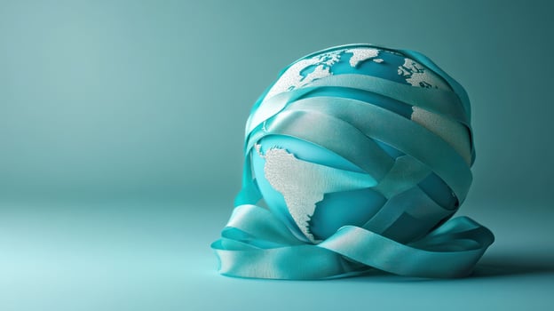Blue globe wrapped with teal ribbons symbolizes ovarian cancer awareness day spreading hope across world with calm and hopeful tone photo