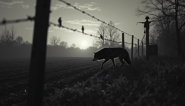 Wolf Near Fence Line with Birds and Scarecrow, Monochrome photo