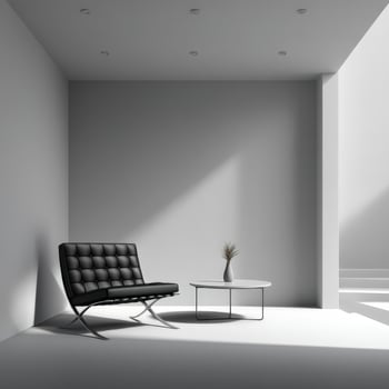 A black chair and table in a white room photo