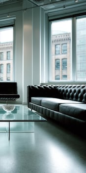 Modern Bauhaus interior with sleek furniture and large windows photo