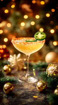 Christmas cocktail Spicy Jalapeno Margarita with chili slices, served in a festive Mexican setting photo