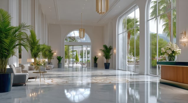 A lobby with large windows and white marble floors photo