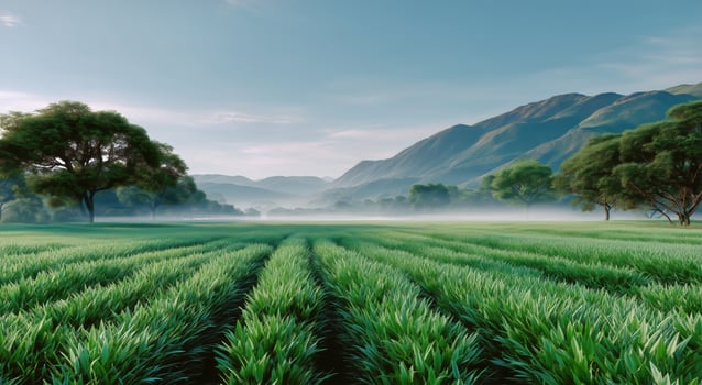 Green field with trees and fog in the background photo