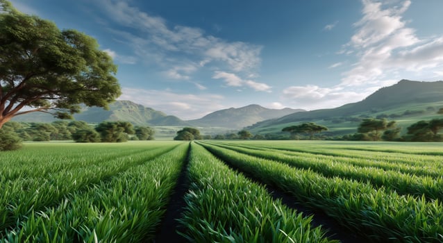 A green field with trees and mountains in the background photo