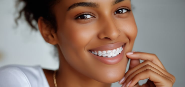 A woman smiles while wearing braces photo