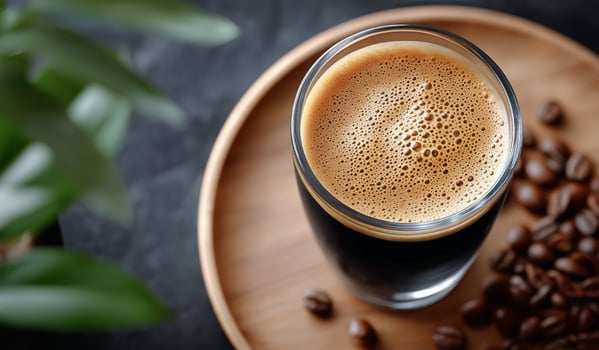 A glass of black coffee on a wooden plate photo