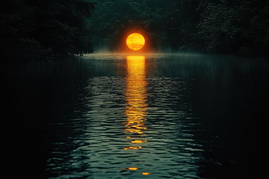 A large, orange orb floats over a tranquil river. photo