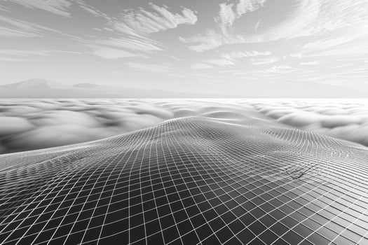 Abstract grayscale image of a gridded landscape above clouds. photo