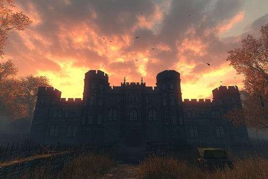 Silhouetted fortress at dusk against dramatic clouds. photo