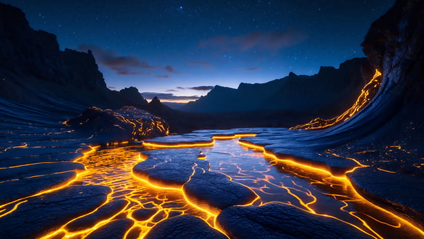 Glowing River Flows Through Rocky Landscape at Night Under Starry Sky photo