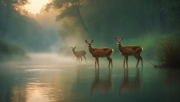 Deer Family Wading in Misty River at Dawn in Peaceful Forest photo