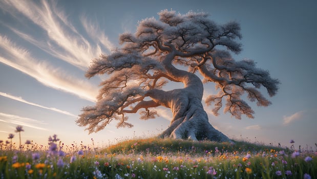 Majestic Tree in Bloom Stands Tall Above a Field of Flowers photo