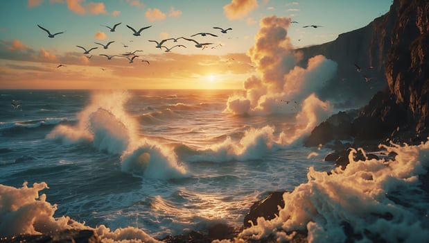 Waves Crashing on Rocky Coastline with Birds Flying at Sunset photo