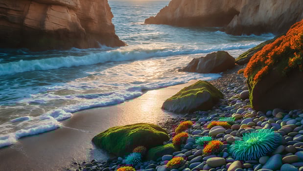 Ocean Waves Crashing on Rocky Shoreline at Sunset with Unique Flora photo