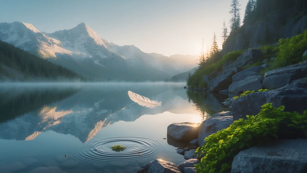 Tranquil Lake Reflecting Mountains with Feather and Ripple Effect photo