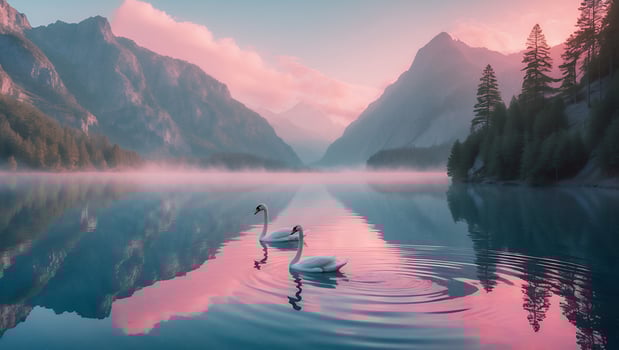 Swans Swim on Calm Lake Reflecting Mountains with Pastel Sky photo
