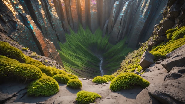 Scenic Cliffside Moss Valley with Water Stream and Textured Rock Formations photo