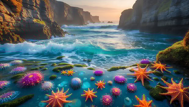 Ocean Scene with Colorful Marine Life and Rocky Coastline at Sunset photo