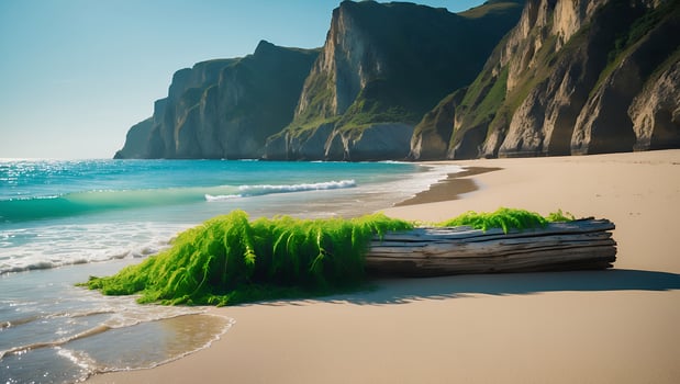Sandy Beach with Log and Lush Greenery Facing Cliffs and Ocean photo