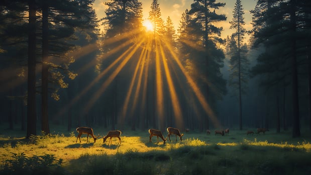 Deer Grazing in Forest at Sunset with Golden Sun Rays photo