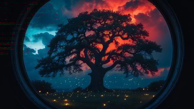 Majestic Tree Silhouette Against Dramatic Sky Seen Through Portal photo