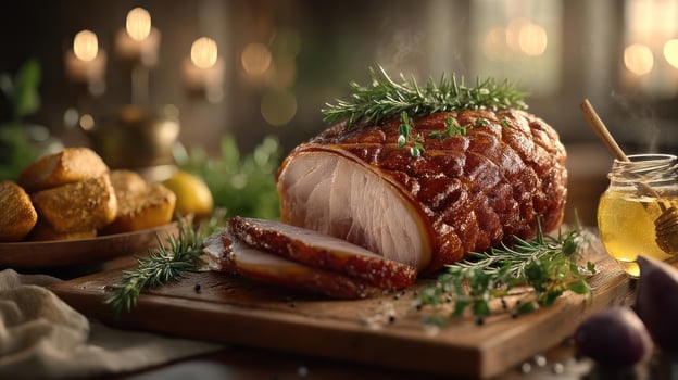 Festive glazed ham with honey and roasted potatoes. photo