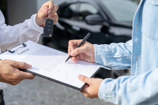 lease rental car sell, buy. Dealership send contract and car keys to new owner to sign. Sales, loan credit financial, rent vehicle, insurance, renting, Seller, dealer, installment, car care business photo