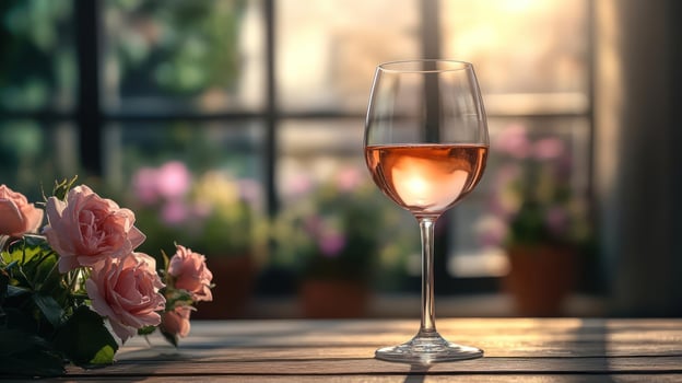 Wine glass with roses, a moment of tranquility. photo