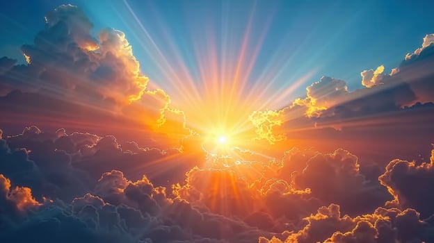 The sun's radiant beams pierce through the clouds, creating a stunning sunrise spectacle. photo