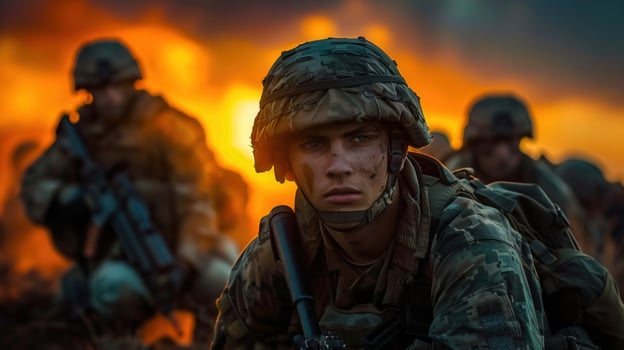 Close-up view of a soldier with determined expression amidst a battle scene at sunset. photo