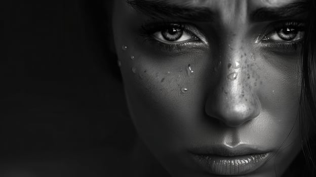 A striking black and white image captures a woman's face with glistening water droplets. photo